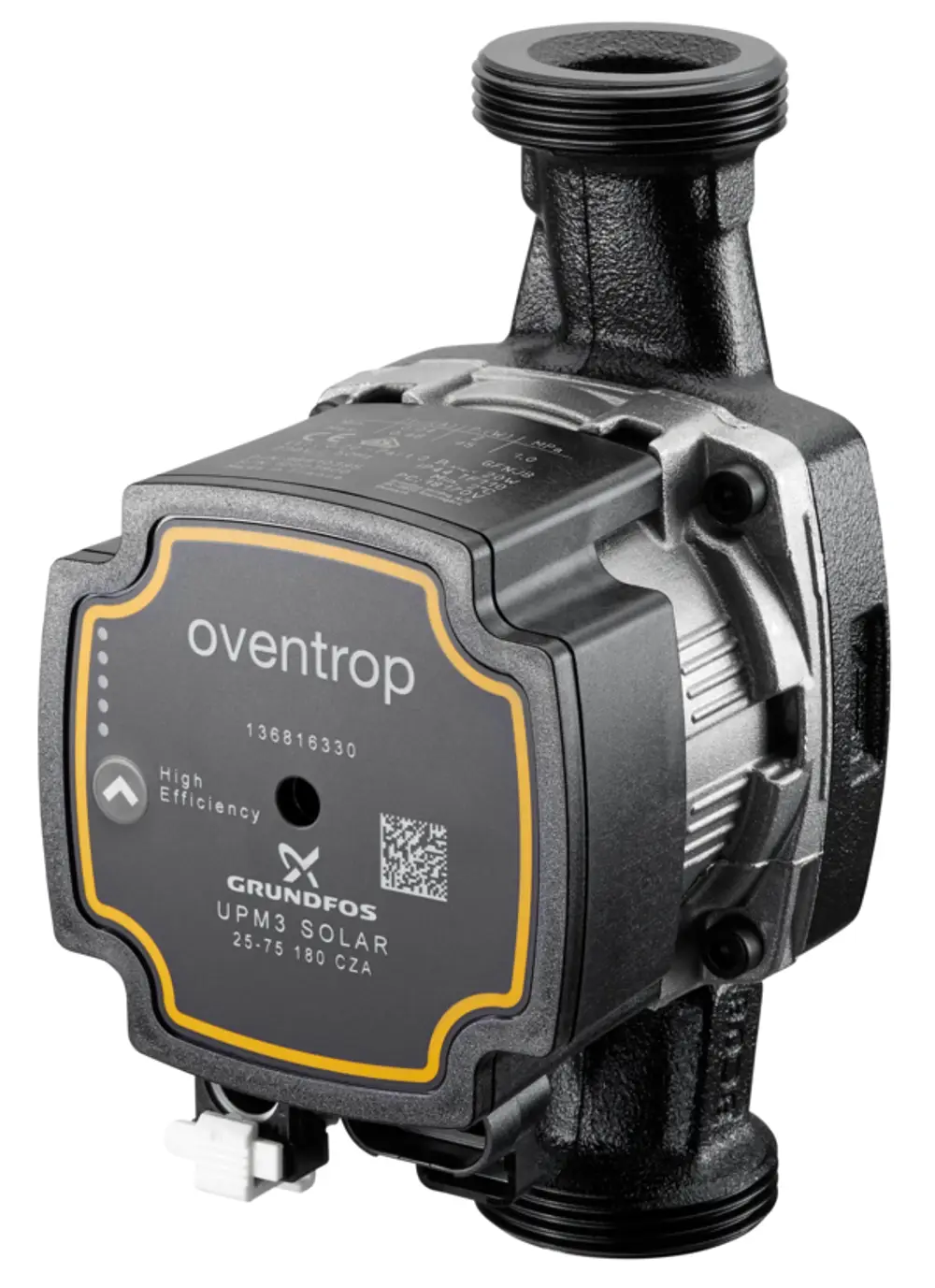 Oventrop Hocheffizienzpumpe mit Anschlussgewinde, rechteckiger Motorkopf, für hydraulische Anwendungen, in Schwarz und Silber, mit einem Gehäuse aus Druckguss.